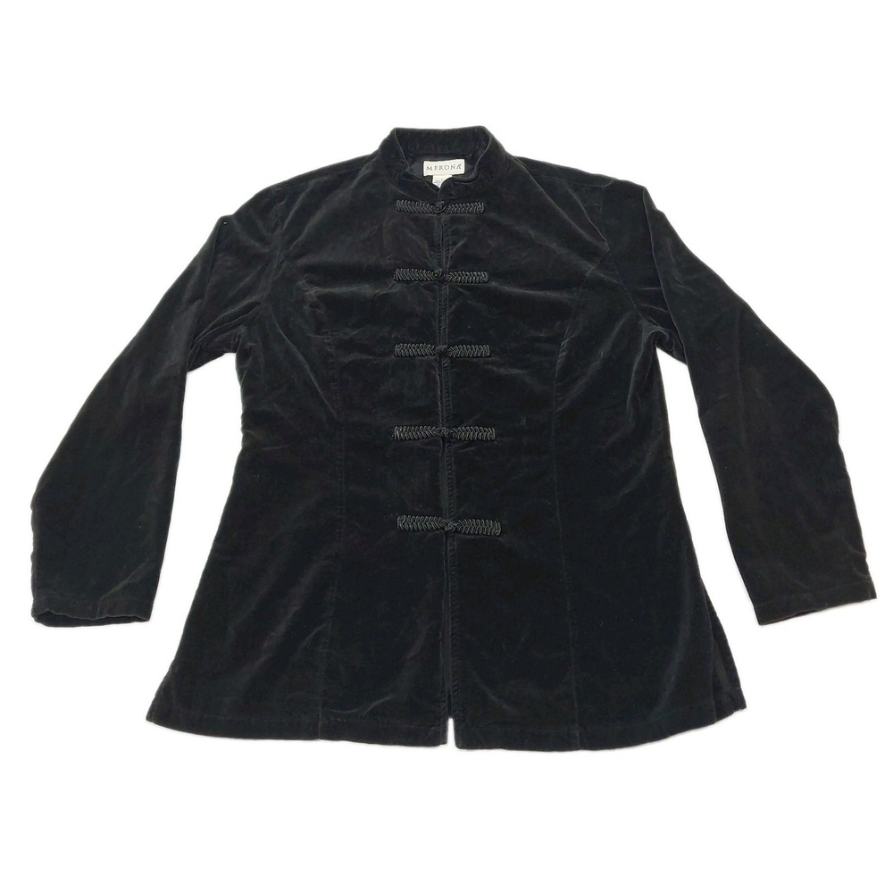 VTG Black Stretch Velvet Asian Frog Knot Jacket Top Mandarin Women Large